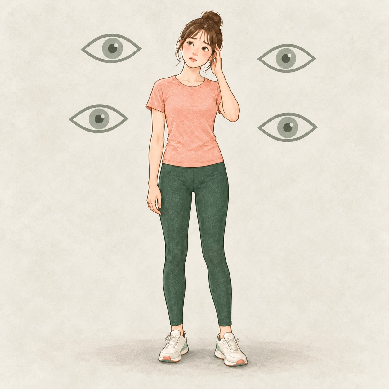 周りの視線が気になって立ち止まる女性のイメージ