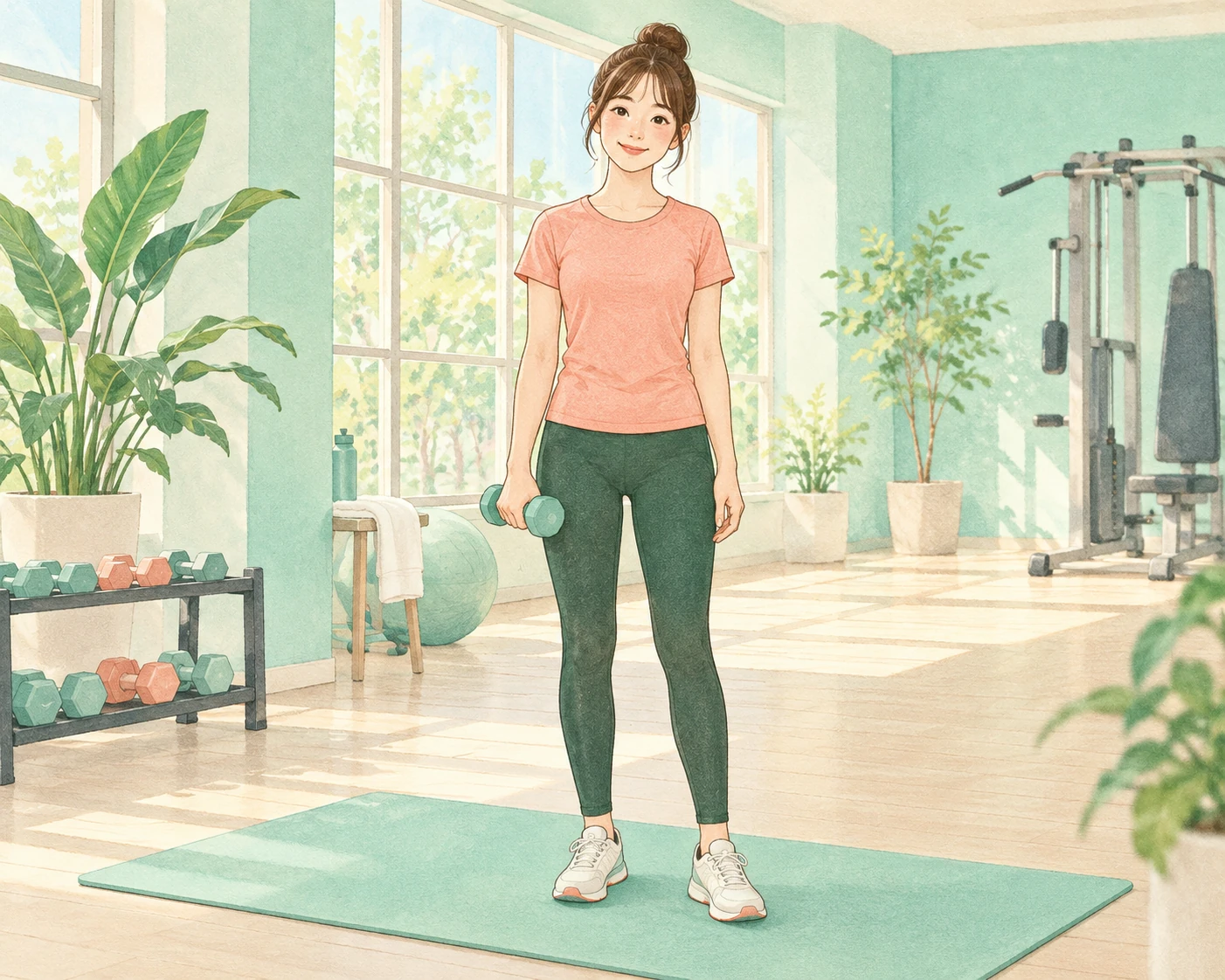 明るい部屋で、ダンベルを持って立つ女性のイメージ