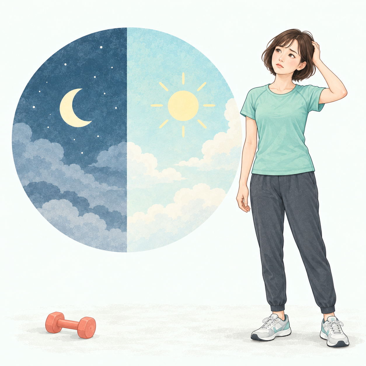 時計を見て動き出せずに立ち止まる人のイメージ
