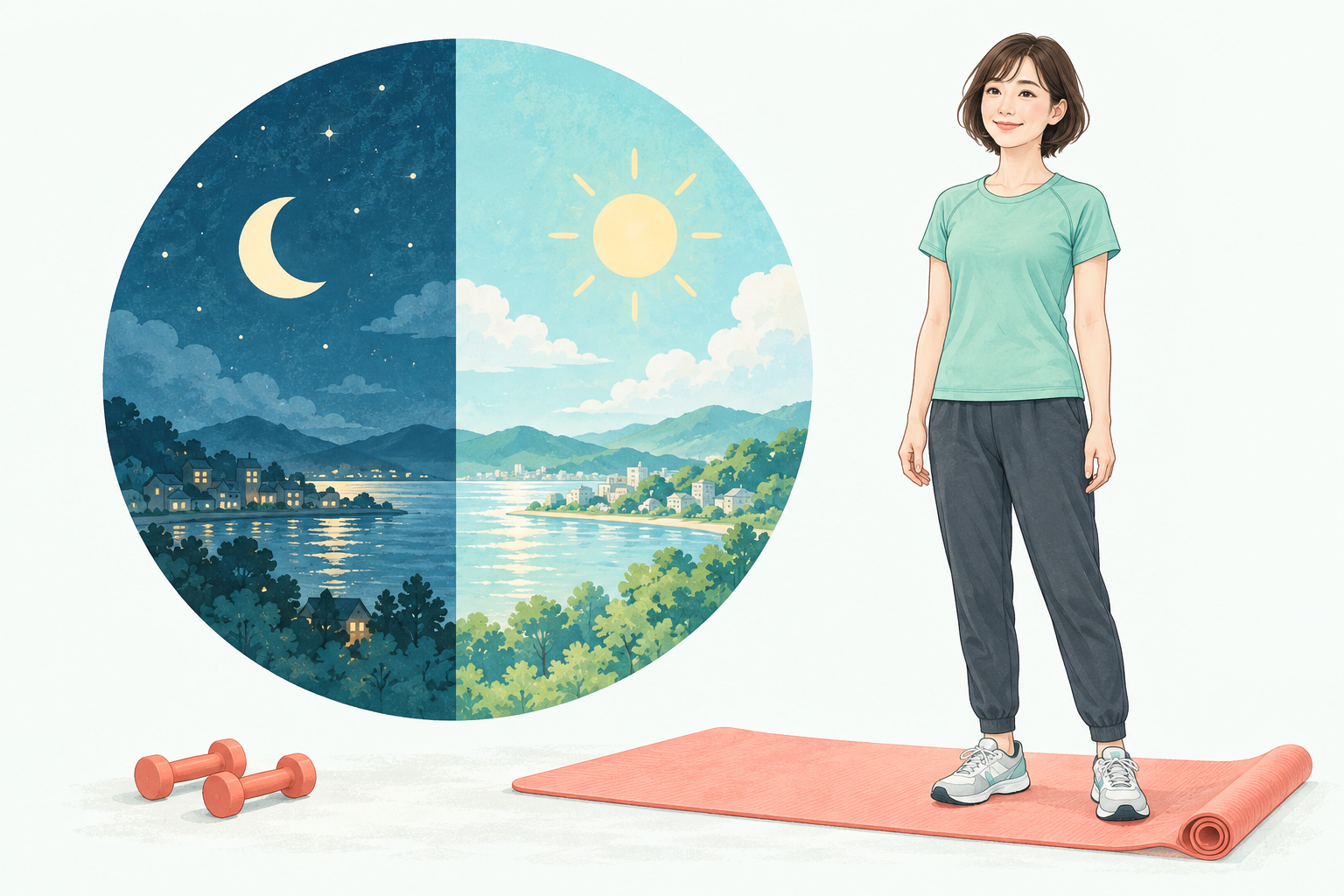 24時間を表す時計と、ダンベルとマットのそばに立つ人のイメージ