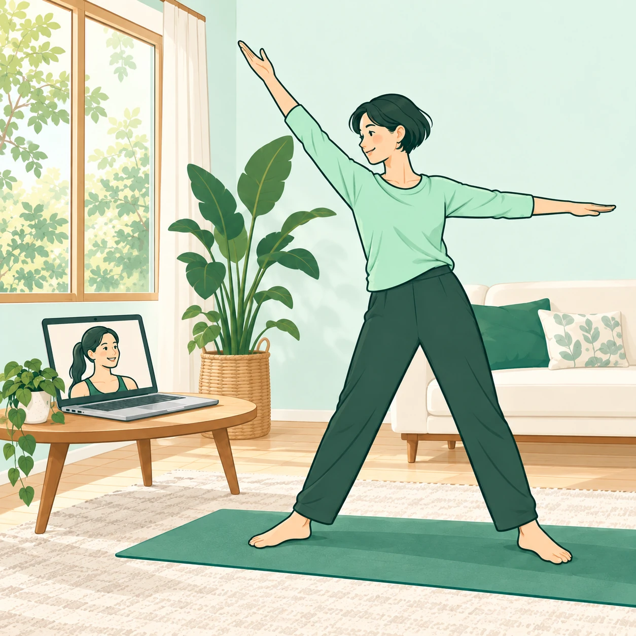 家でノートパソコンのトレーナーに合わせて、大人が体を動かしているイメージ