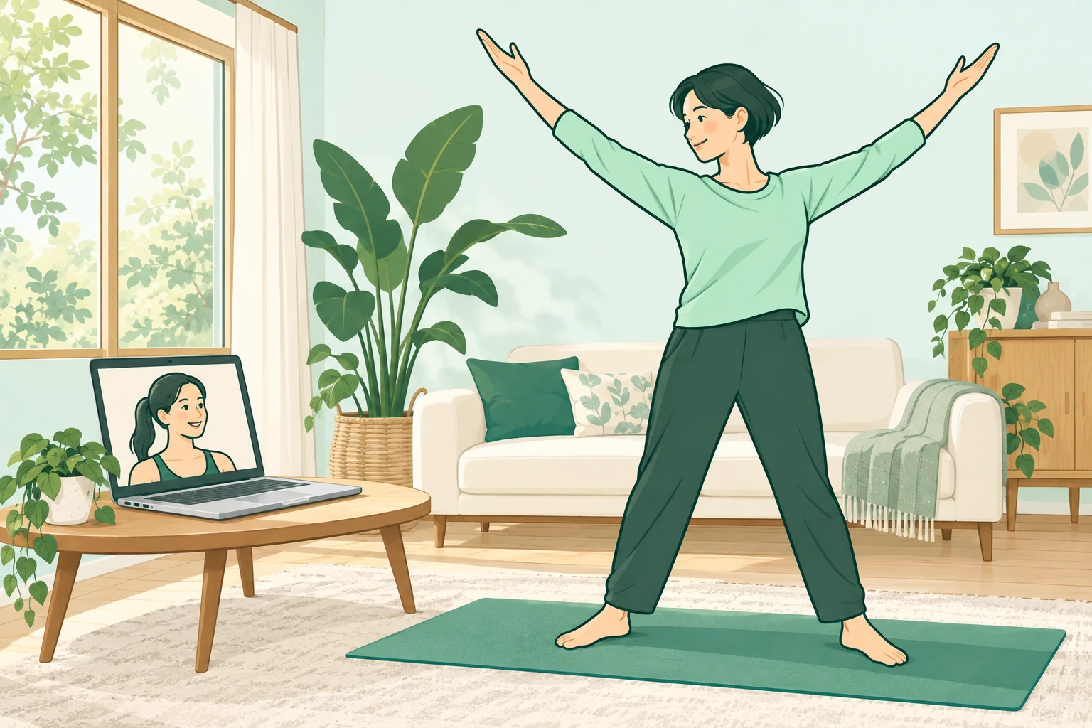 家でノートパソコンのトレーナーを見ながら、大人が体を動かしているイメージ